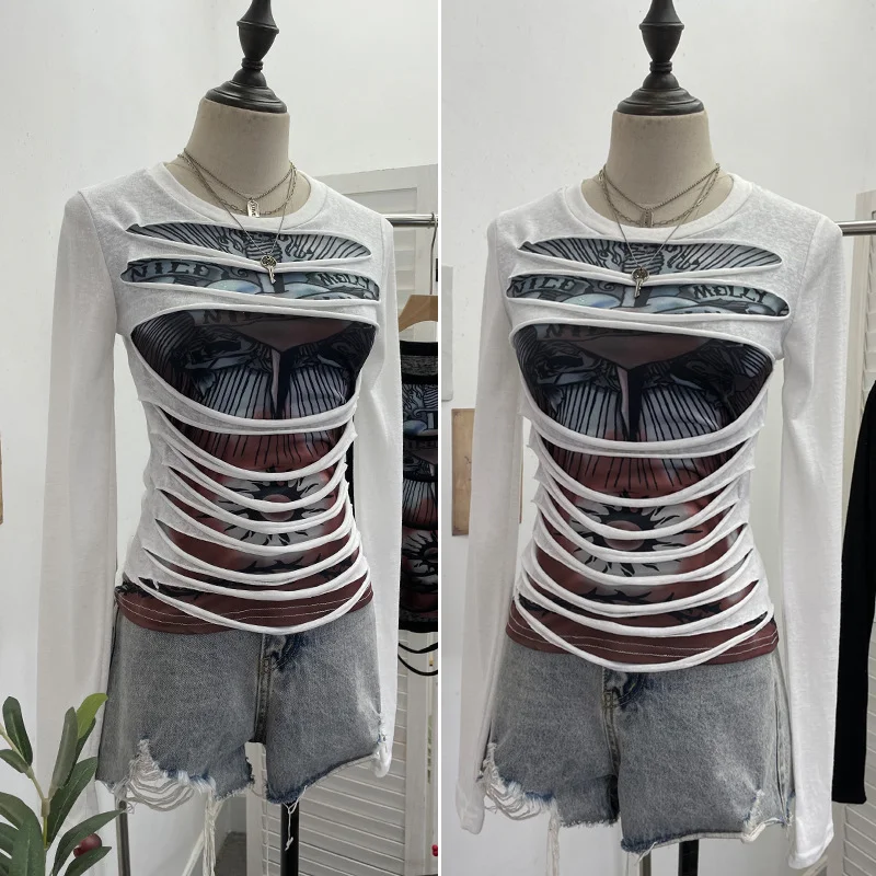 Nigikala Nigikala Shooting Design Y2k Vintage T-Shirt Prints Long-Sleeved T-Shirt Slimming Bottom Top 1176