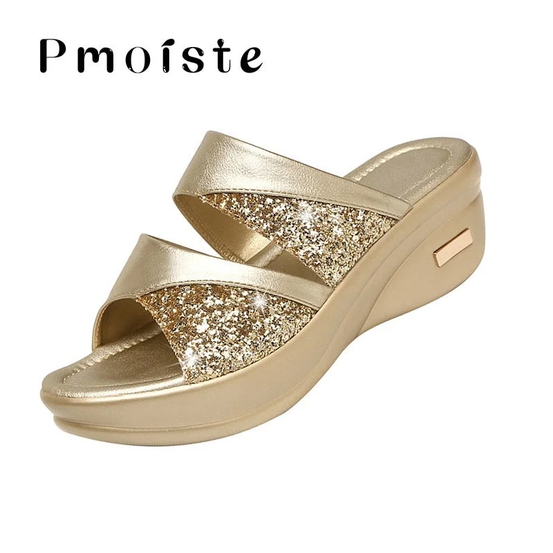 Women's sandals Platform 2020 New Rhinestone Peep toe Summer sandals for women Sexy Ladies Slides Wedges Female shoe Golden/Gray