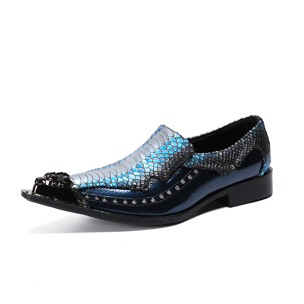 VCSHOES Bule Fish Scale Pattern Genuine Leather Male Metal Carved Pointed Toe Shoes Large Size Men's Rivet Party Shoes