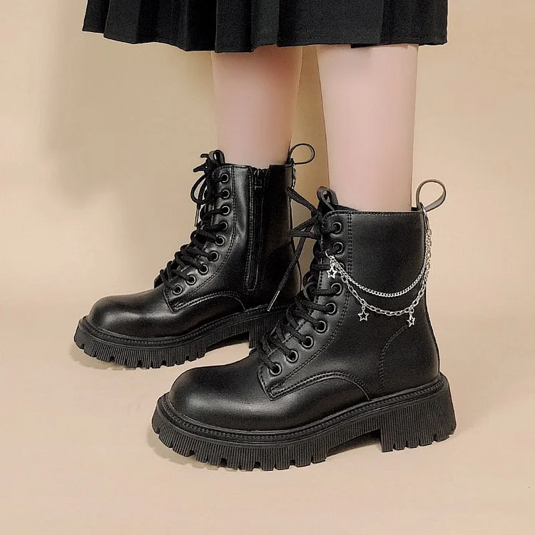 Vintage Round Toe Star Chain Platform Boots - Gotamochi Kawaii Shop, Kawaii Clothes