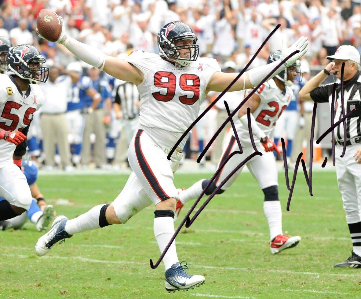 JJ Watt Reprinted auto signed football Photo Poster painting Houston Texans Wisconsin MVP!!