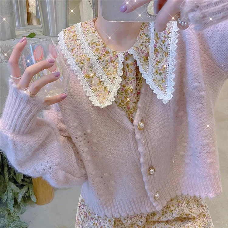 Fairy Tales Aesthetic Fairycore Crochet Pink Knitted Cardigan QueenFunky
