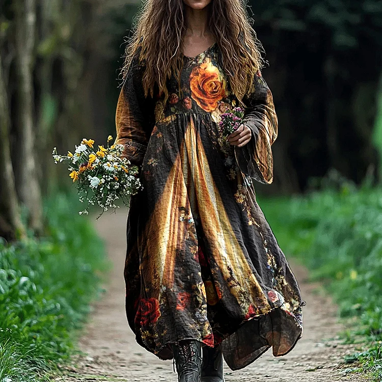 Vintage Boho Floral Art Linen Blend Maxi Dress