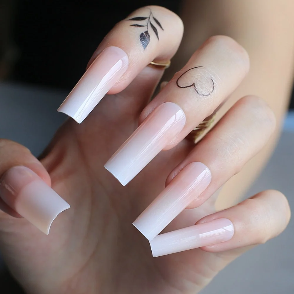 Luxury gel ombre Super long rectangl Acrylic nails nude salon fake nails ballet glossy reuse trapezoid Baby Boomer Gradient-Nail Inspo