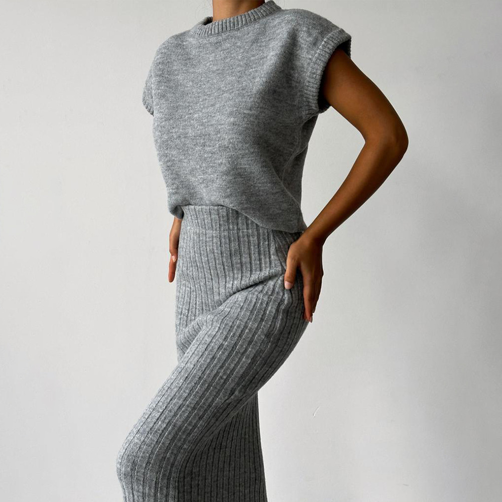 Ootddress Knit Sweater 2 Piece-Set Women Loose Ribbed Sleeveless Pullover And High Waist Long Skirt Outfits Knitwear Women's Sets