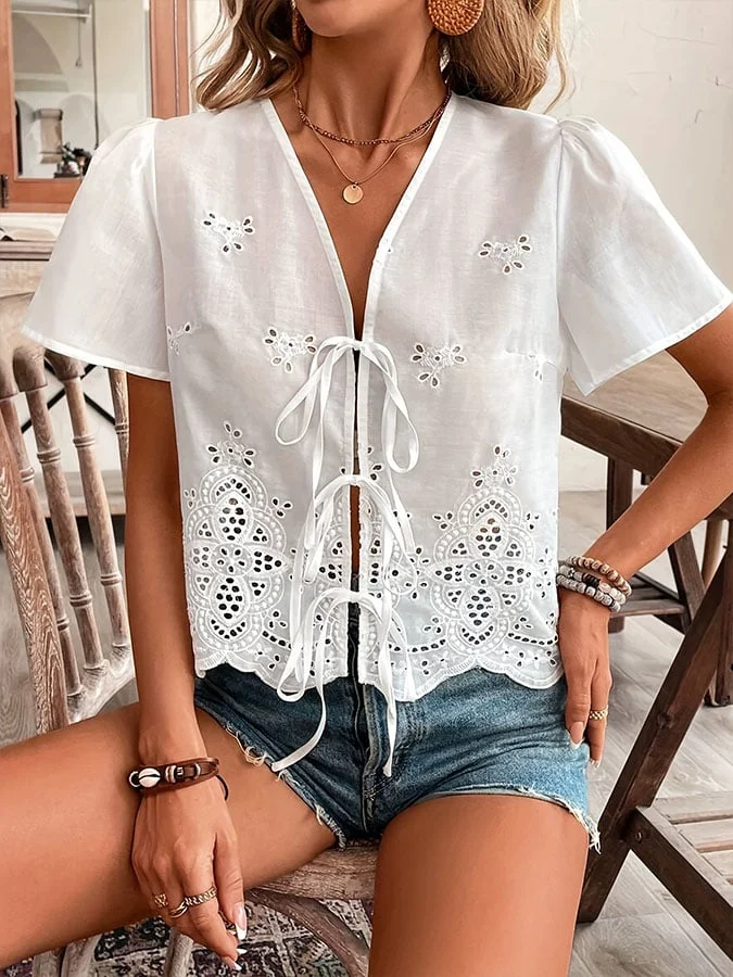 Women's Casual Solid Color V-Neck Short Sleeve Lace-up Hollow Top