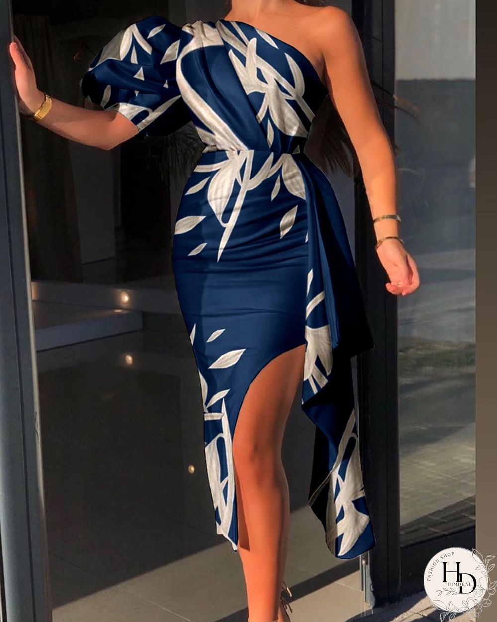 Tropical Print One Shoulder Puff Sleeve Slit Dress