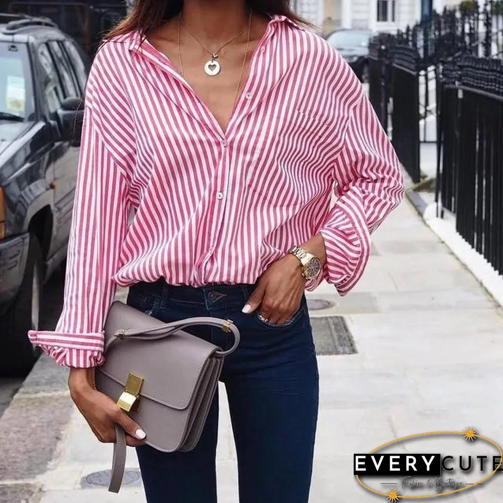 Women Sexy Striped Shirt Loose Autumn Fall Casual Ladies Plus Size Blouses Top