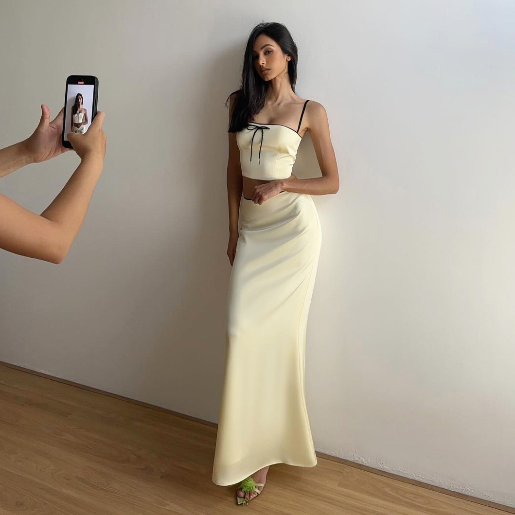 Ootddress Women's Solid Color Slim Fit With Exposed Navel Set Suspender Vest High Waisted Skirt Lady New Fashion Party Clothing 2025