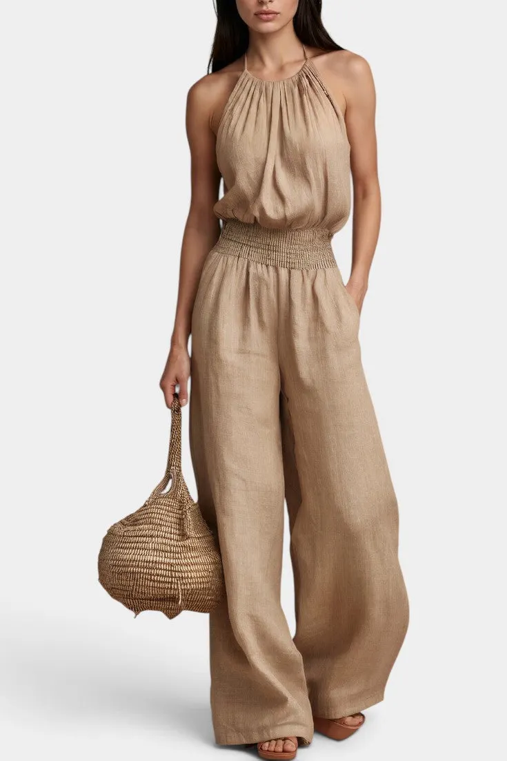 Halter Neck Palazzo Jumpsuit with Smocked Waist