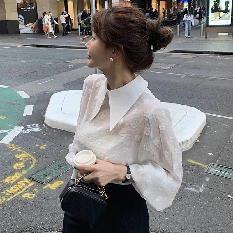 Woherb Woherb Gentle Pointed Collar Jacquard Shirt Female Summer Niche Design Sense Loose Casual Versatile Long-Sleeved Top-Outfit Ideas