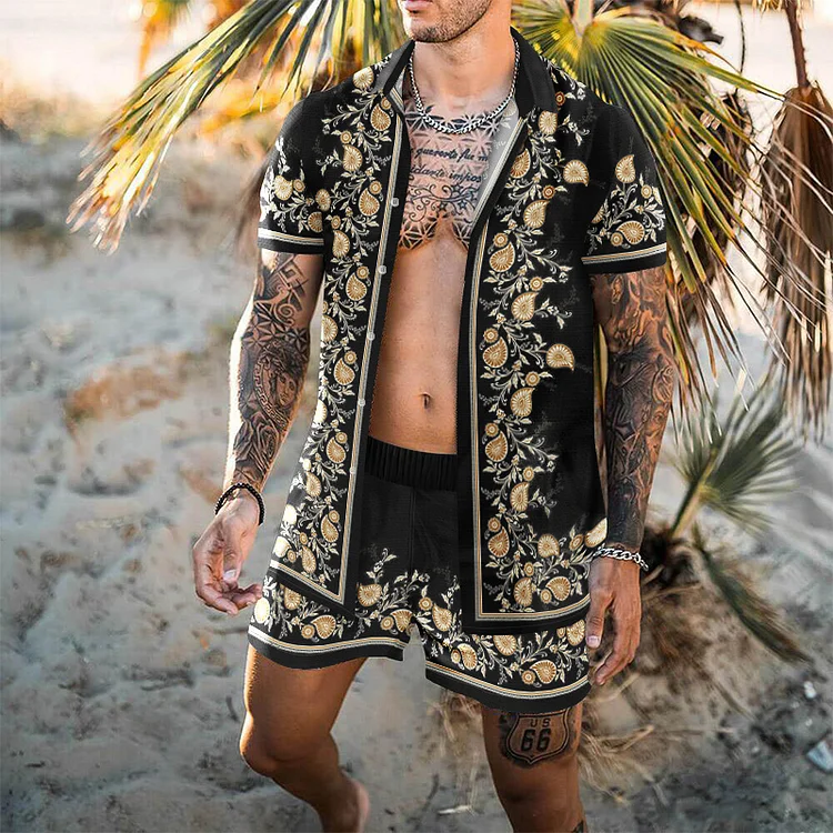 Men Hawaiian Style Black Royal Print Swimwear Two-Piece Swimsuits