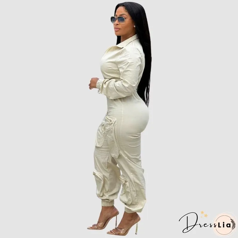 Lapel Patch Pocket Cargo Jumpsuits