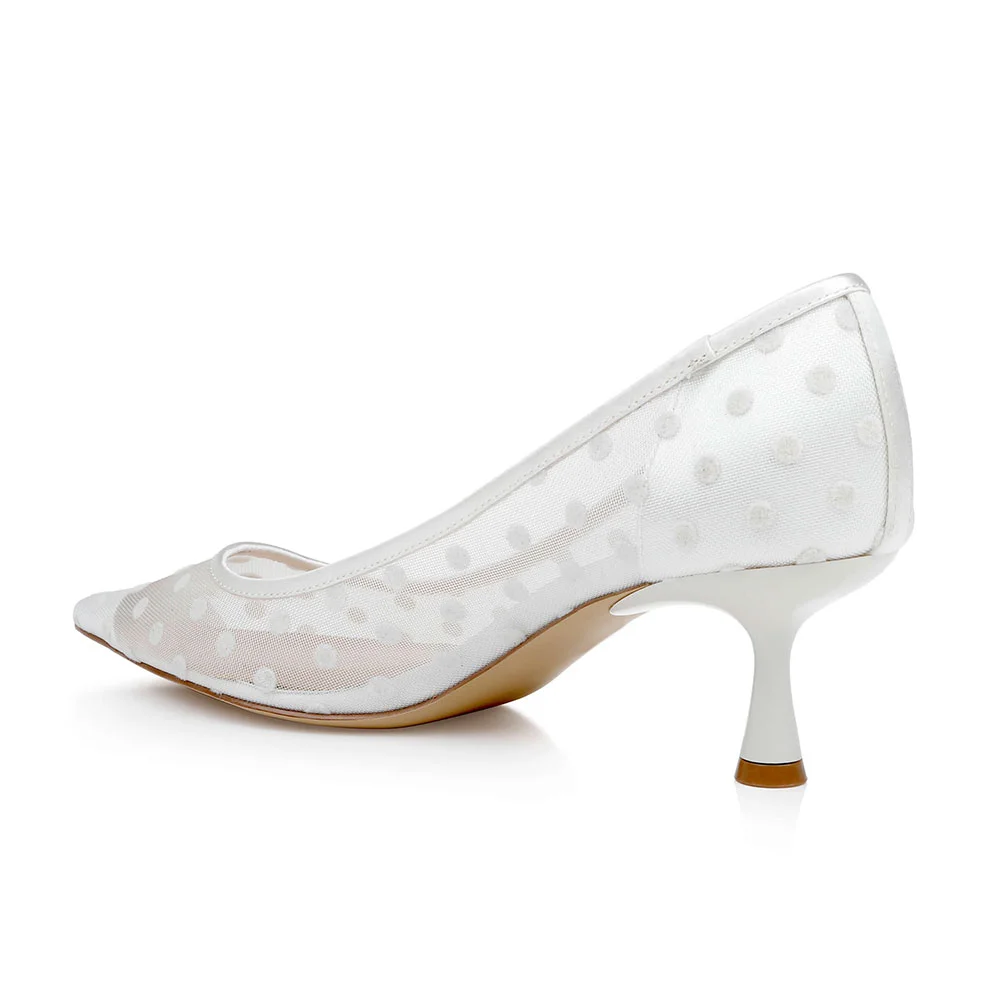 Breathable Mesh Polka Dot Pointed Toe Heeled White Pumps for Wedding