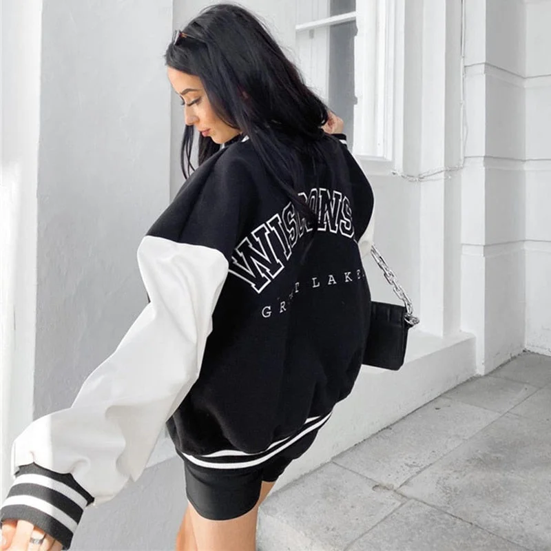 Letter Print Baseball Uniform Jacket Patchwork Long Sleeve Button Varsity Bomber Coat Cool Style Jackets For Women Clothing