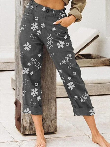 Women's Cotton Linen Floral Printed Casual Pants