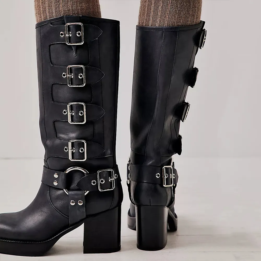 Black Vegan Leather Closed Toe Platform Mid Calf Boots With Chunky Heels
