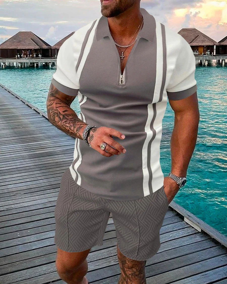 Men's Casual Colorblock Polo Shirt Two Piece