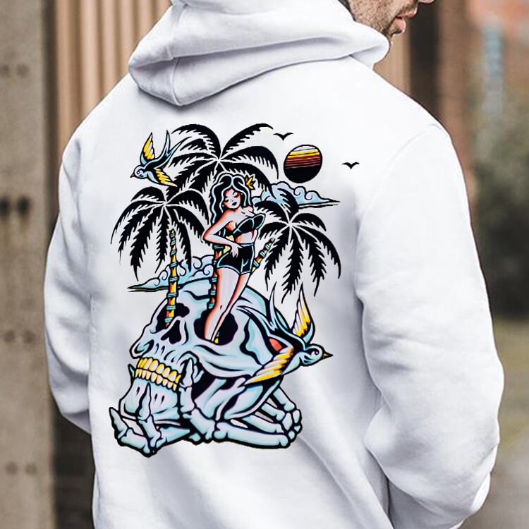 Skull Beach Coconut Palm Sexy Beauty Creative Printed Basic Hoodie - Krazyskull
