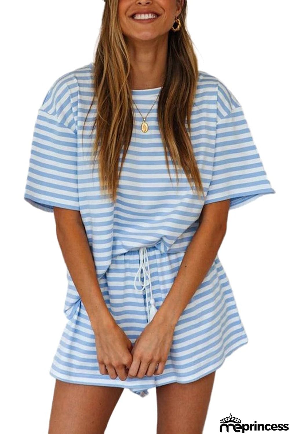 Stripe Print T-shirt and Elastic Waist Shorts Set