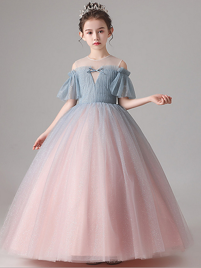 Bellasprom Short Sleeve Jewel Neck Ball Gown Floor Length  Flower Girl Dress Tulle With Pleats Bellasprom