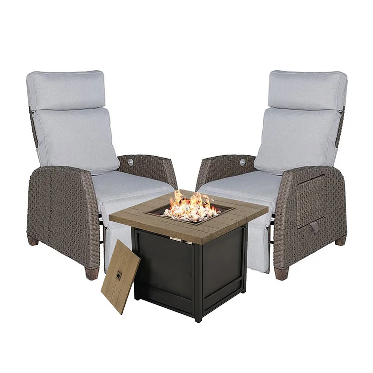 GRAND PATIO MOOR Outdoor Wicker Recliner with 29" Fire Pit Table 3 Pieces