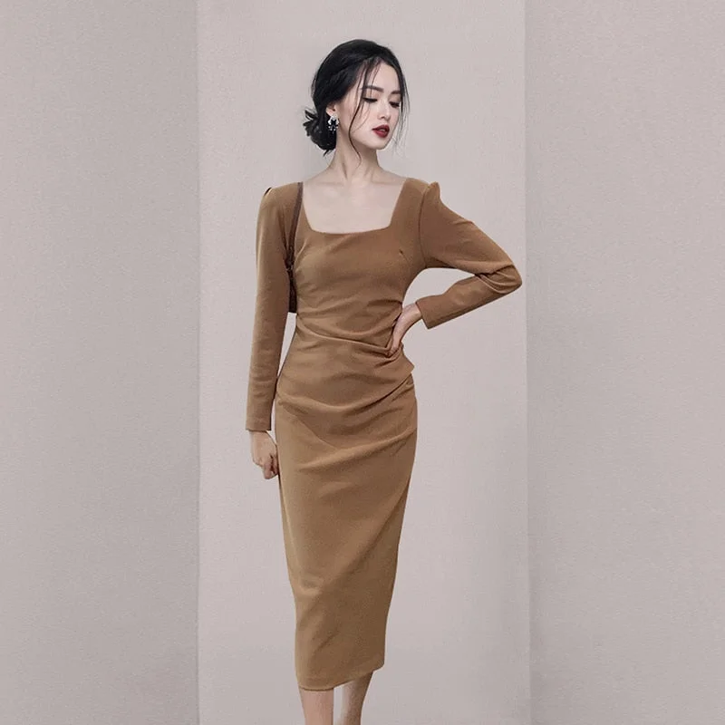 2021 Women Fashion Square Collar Pencil Dress Elegant Slim Waist Female Package Hip Midi Dress Ladies Sheath Vestidos