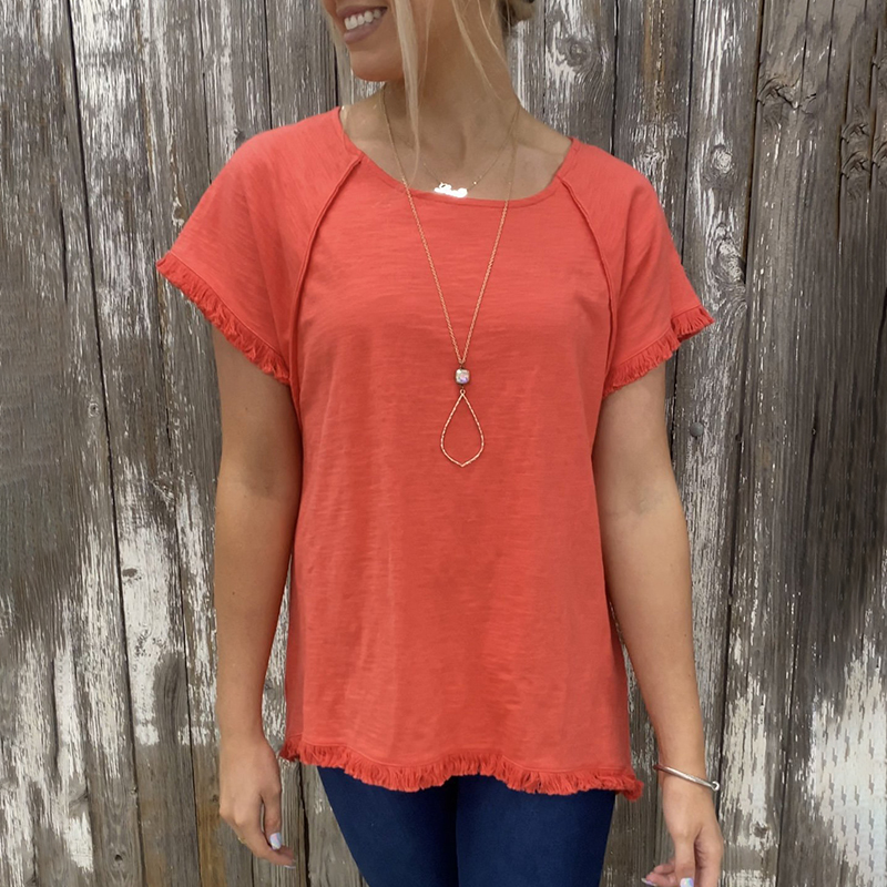 wearshes Solid Cotton And Linen Fringed T-Shirt