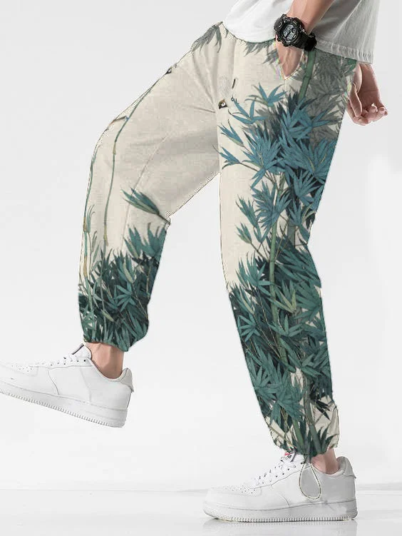 Men's Bamboo Art Print Casual Joggers Side Pocket Sweatpants