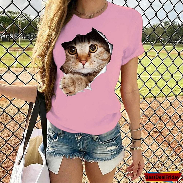 Fashion Funny Cat Printed T-shirts Women Summer Casual Short Sleeved T-shirts Round Neck Tops