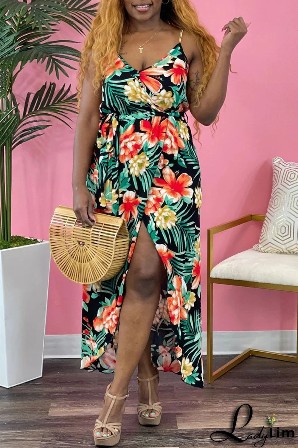 Green Sexy Casual Print Bandage Backless V Neck Sling Dress