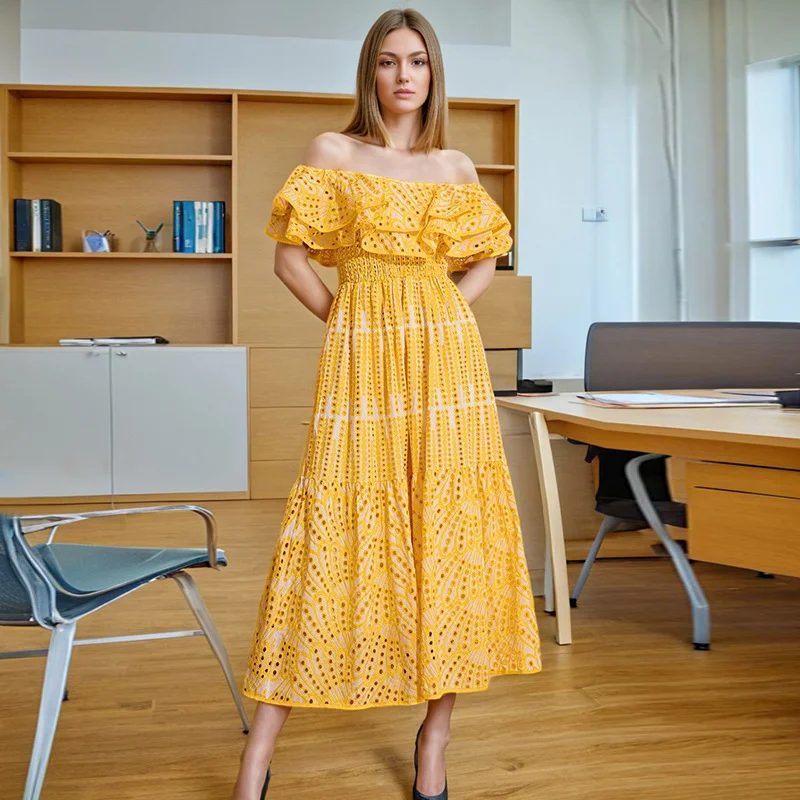 Zingj French Temperament High-End Dress 2025 Summer New Word Shoulder Lotus Leaf Side Waist Thin Dress Women Summer
