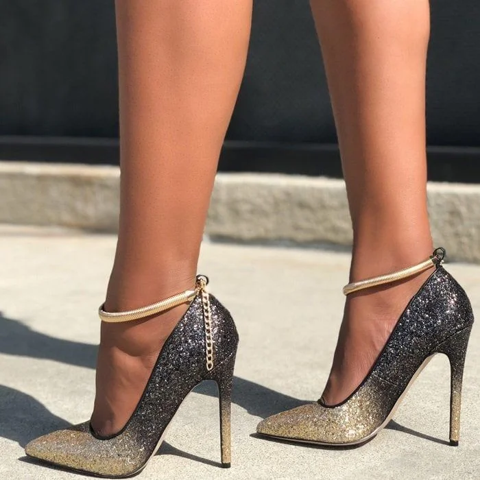 Gold and Grey Glitter Pointy Toe Ankle Strap Heels Vdcoo