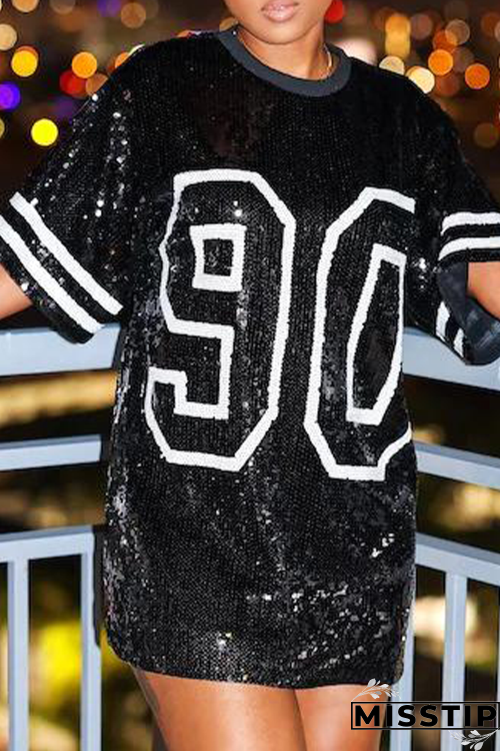 Black Casual Patchwork Sequins O Neck Straight Dresses