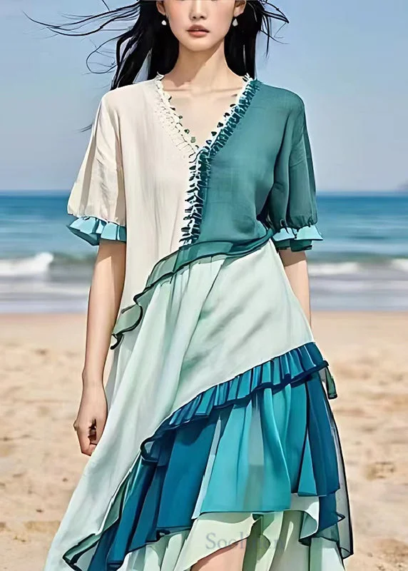 Pre sale - shipping in 30 days/Italian Blue Asymmetrical Patchwork Ruffles Linen Dresses Summer