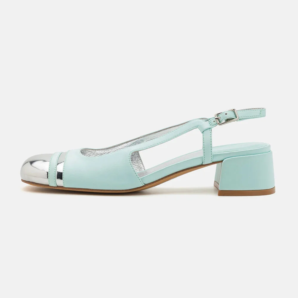 Mint Green & Silver Round Toe Chunky Heel Buckle Slingback Pumps