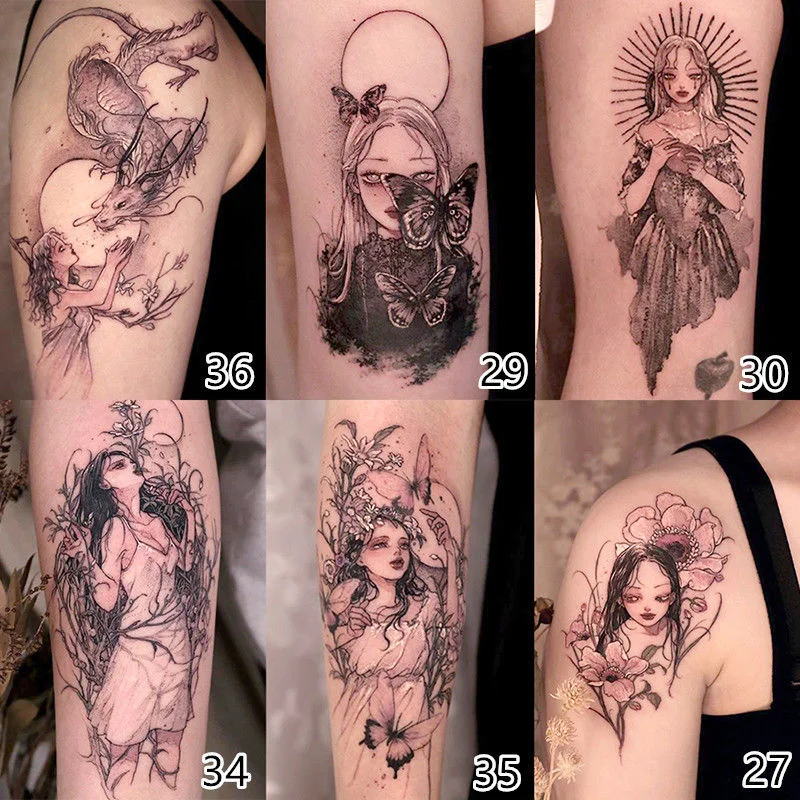 New 6pc/Lot Japanese Cartoon Beautiful Girl Temporary Tattoo Stickers Female Waterproof Cool Fake Tattoo Art Arm Tattoo Stickers