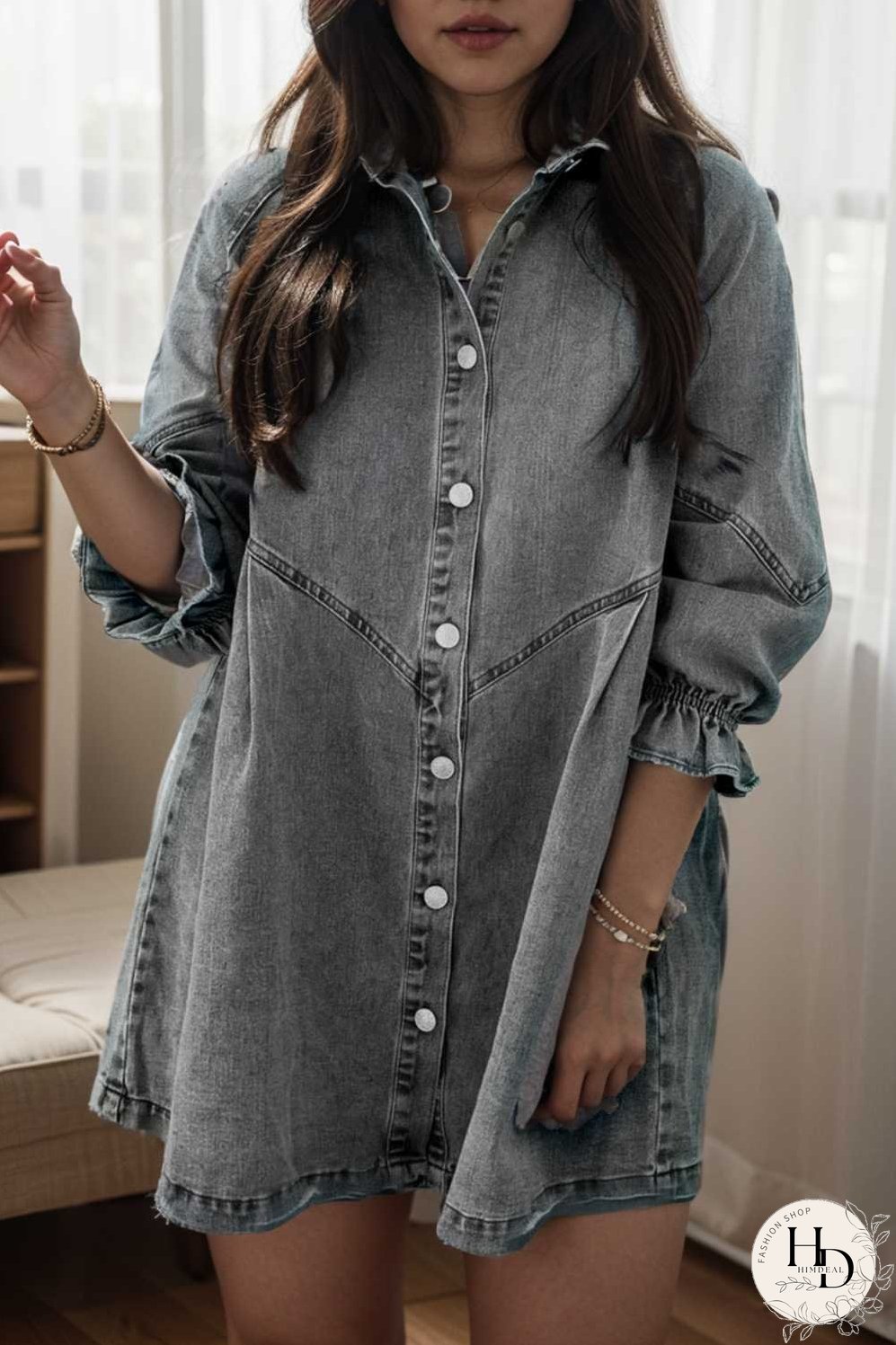 down loose short sleeve denim jean dress drop shoulder a line paneled peasant closed bateau v neck dress