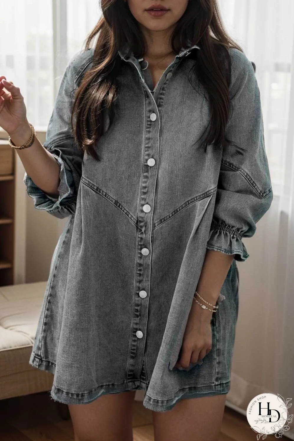 down loose short sleeve denim jean dress drop shoulder a line paneled peasant closed bateau v neck dress