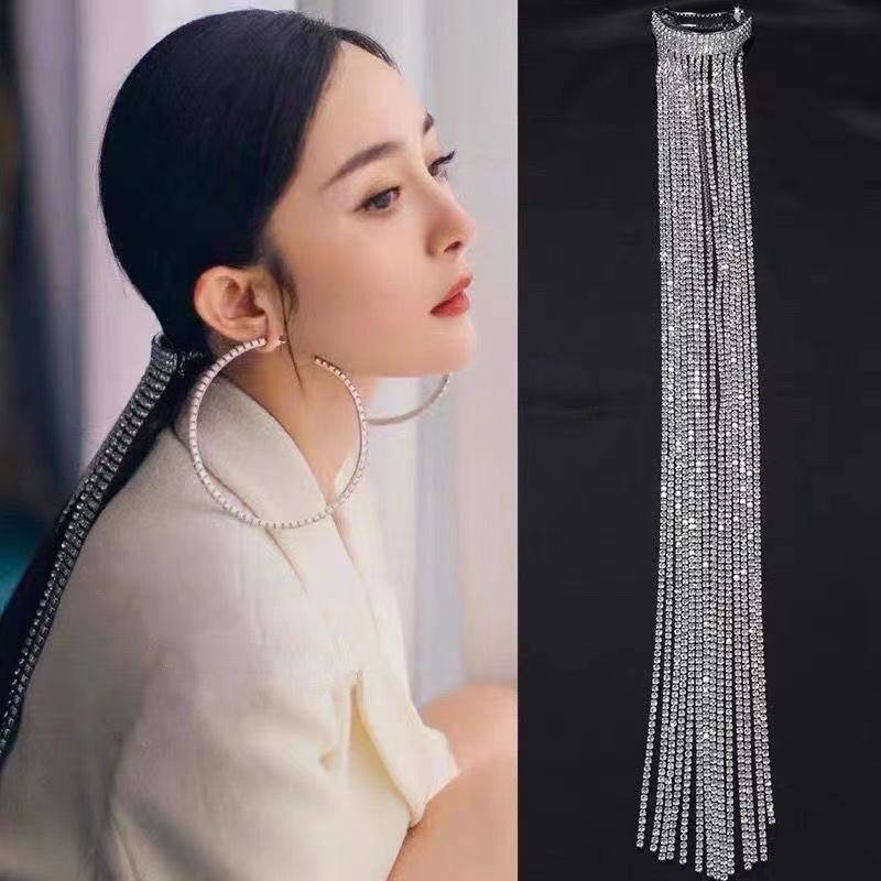 Long fringed chain hair accessories rhinestone net red exaggerated temperament all-match back hairpin
