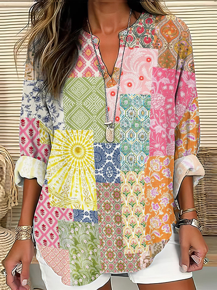 Comstylish Vintage Contrast Floral  Painting Japanese Art Linen Blend Tunic