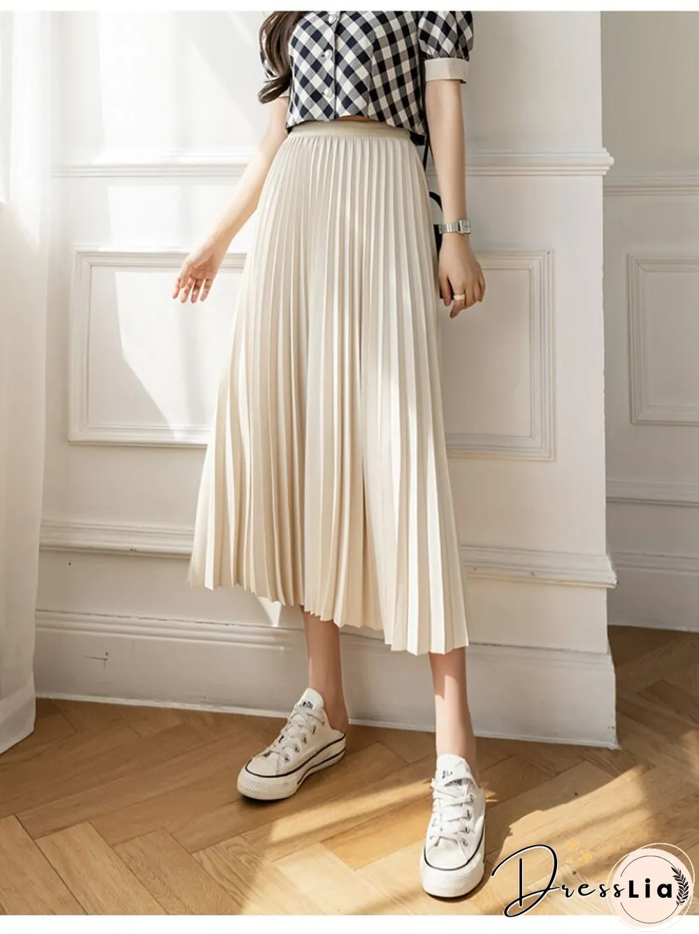 New Summer Womens Pleated Skirt High Waist Drape Umbrella Mid-_length Slim A-line Female
