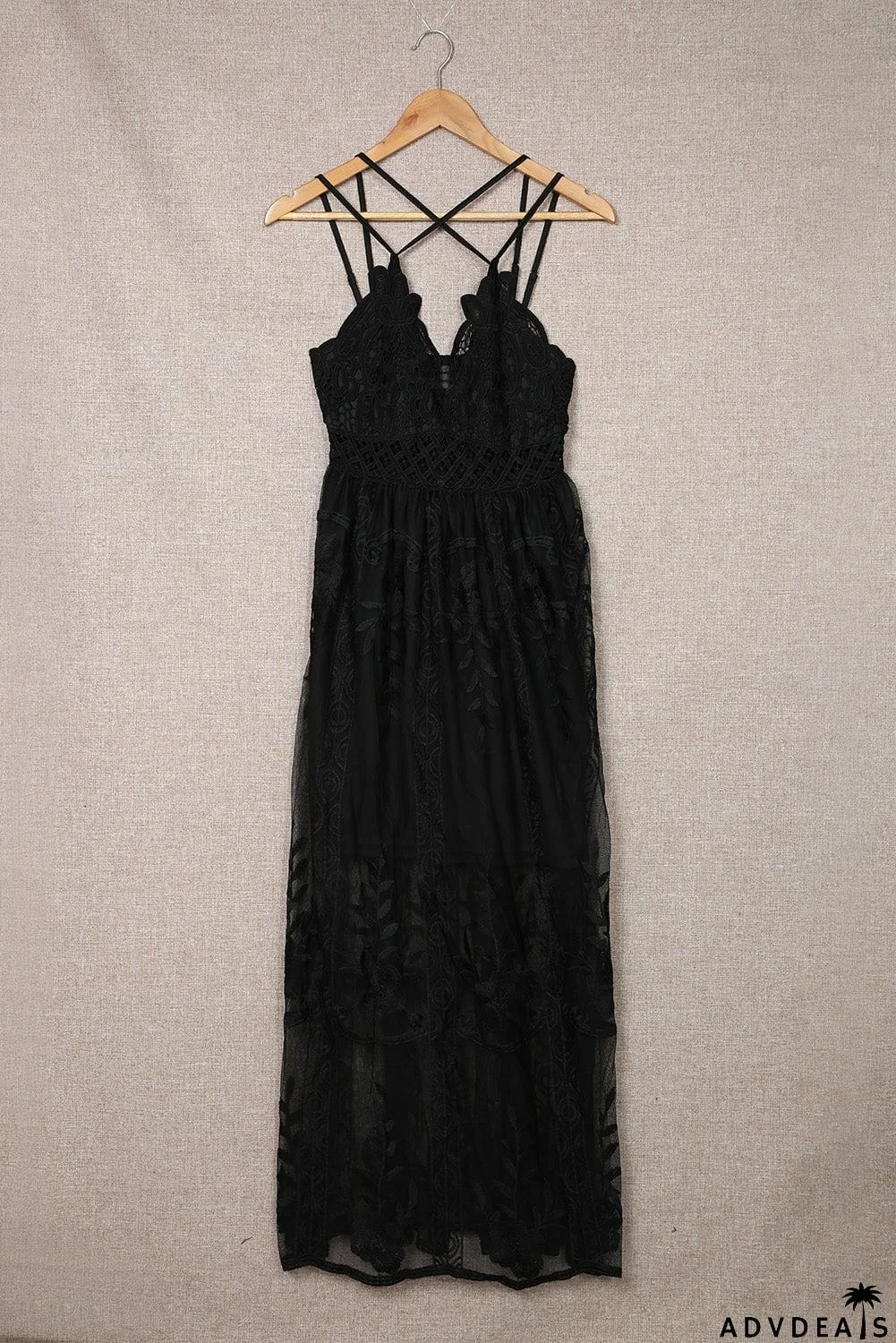 Black Lace Backless Maxi Party Dress