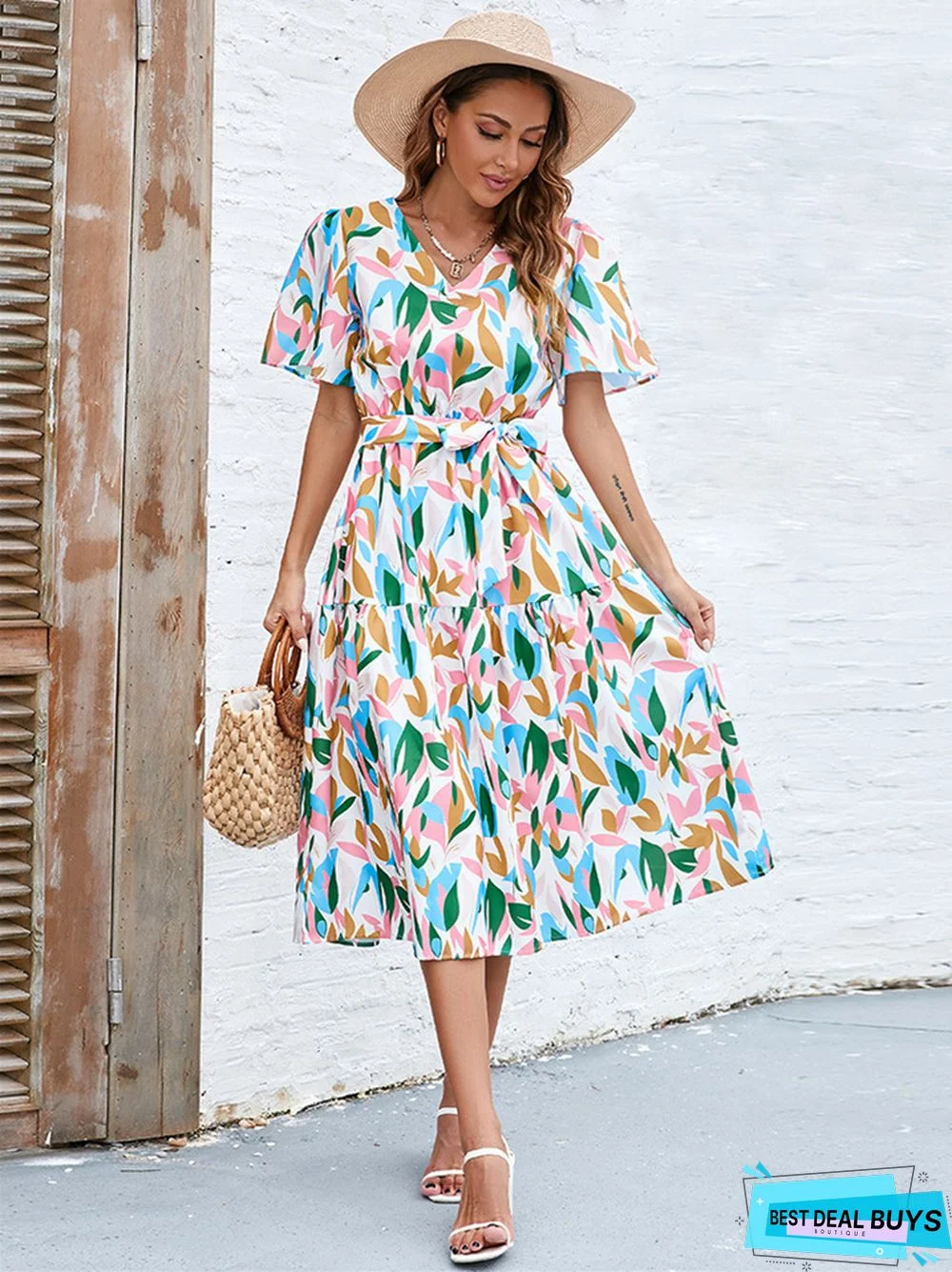 Bubble Sleeve V-Neck Strapping High Waist Long Dress