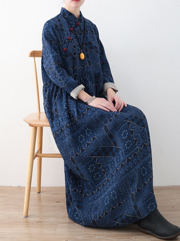 Loose Vintage Contrast Color Jacquard Long Cheongsams Midi Dress