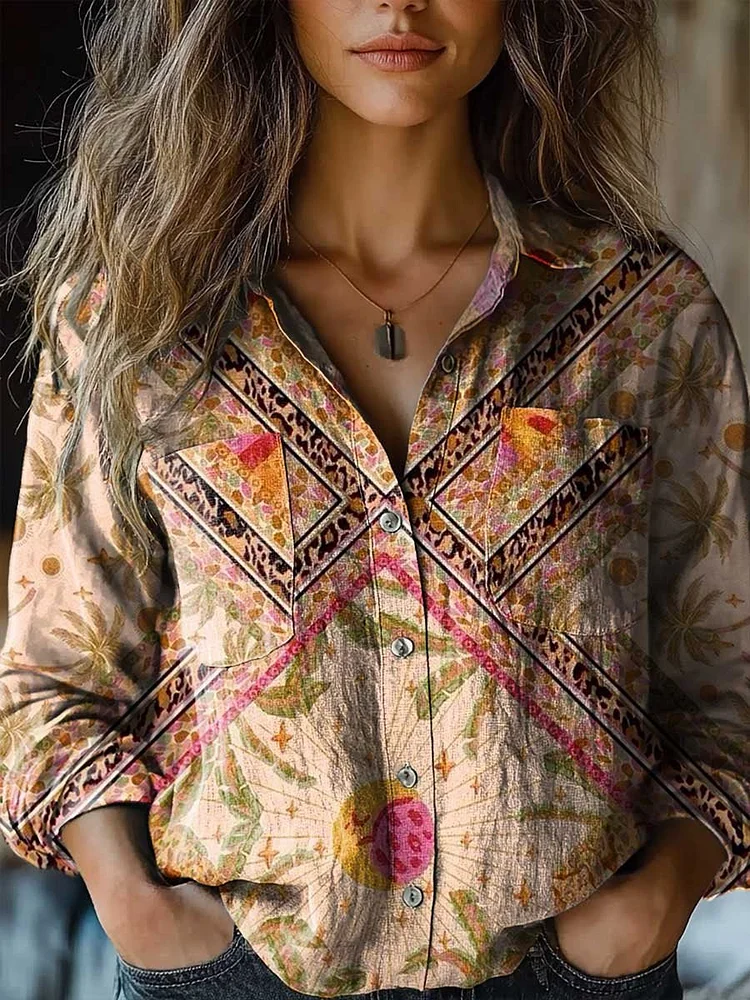 Women's Vintage Leopard Coconut Tree Pattern Art Print Casual Long Sleeve Comfortable Cotton Shirt