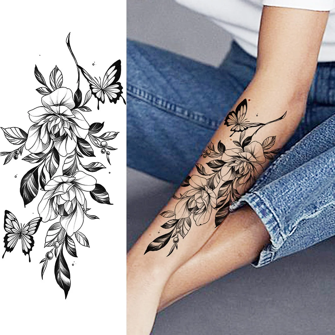 Black Rose Flower Snake Temporary Tattoos For Women Adult Peony Serpent Fake Tattoo Forearm Body Art Painting Waterproof Tatoos