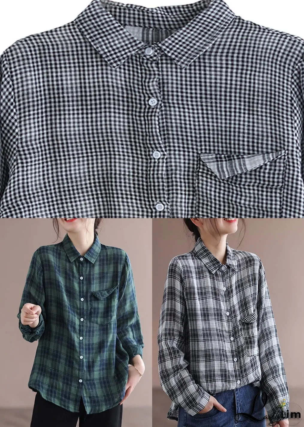 Green Peter Pan Collar Plaid Pockets Cotton Shirt Long Sleeve