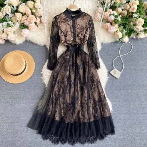 Fitaylor New Spring Autumn Vintage Lace O Neck Floral Print High Waist Mid Calf Women Dresses A Line Hollow Out Dress