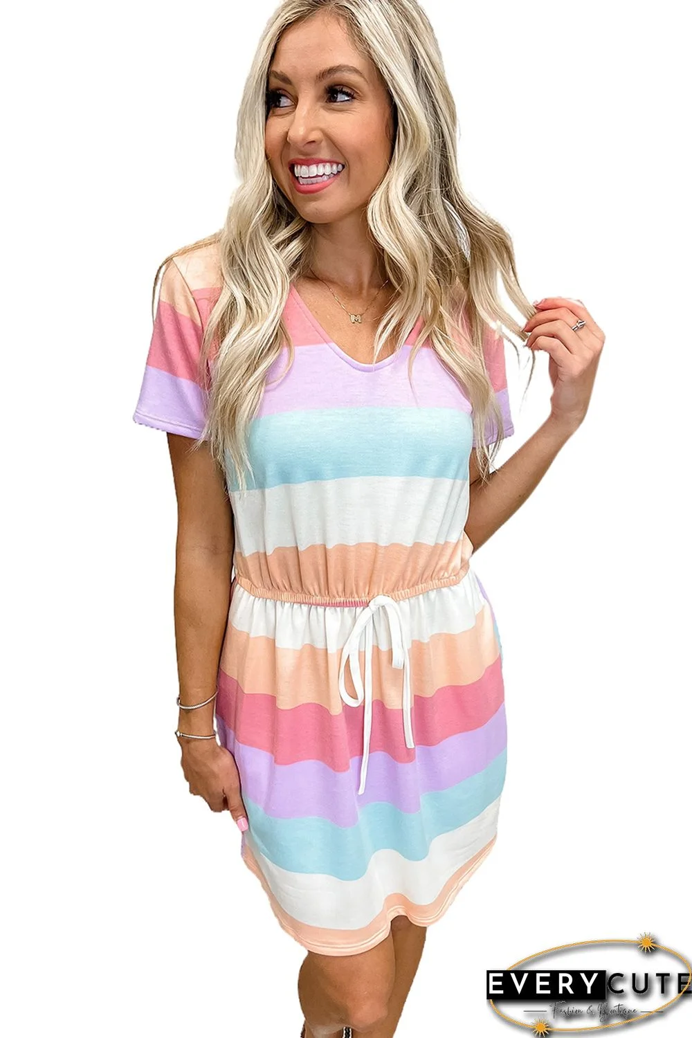 Multicolor Striped Drawstring V Neck T Shirt Dress